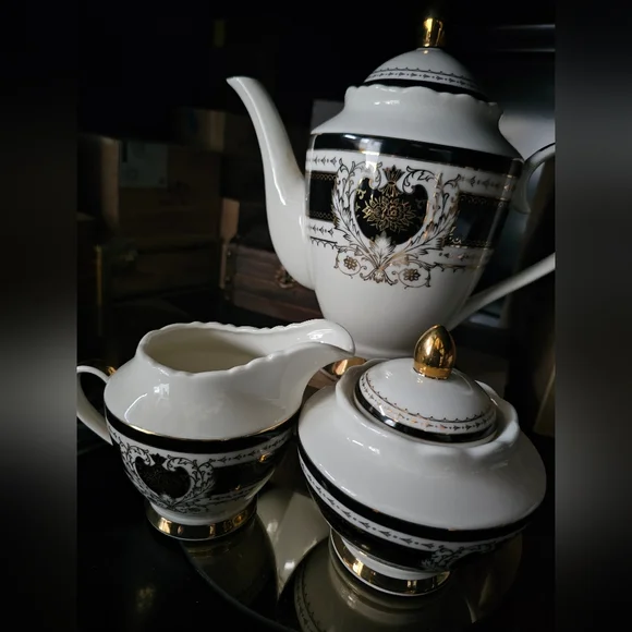 NIB Angioletti Designs Black Gold Scallop Porcelain 3-Pc Tea Set Teapot Sugar - Picture 3 of 14
